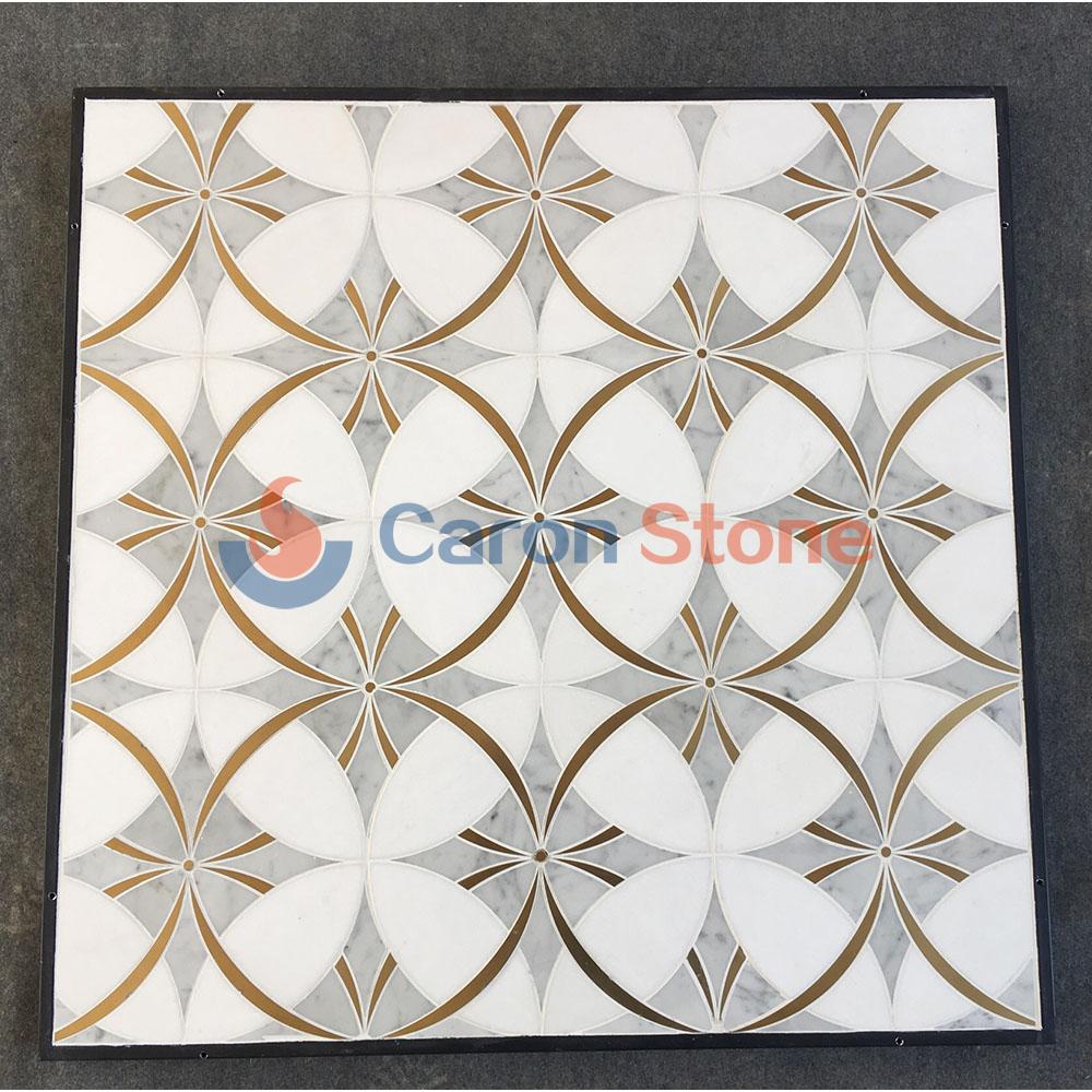 Thassos and Carrara Marble with Genuine Brass inlay mosaic ring tile