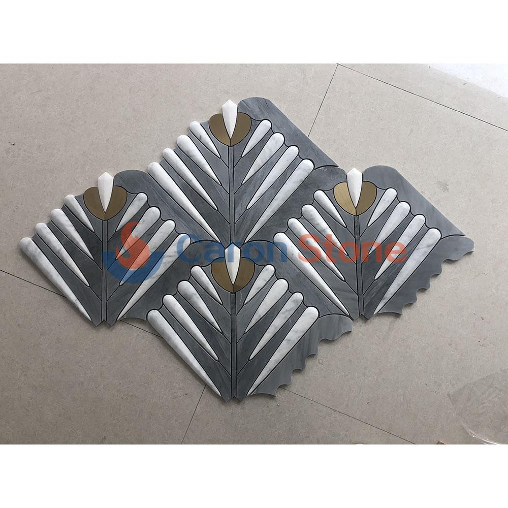 Dark grey marble and white marble mosaic inlay metal art tile