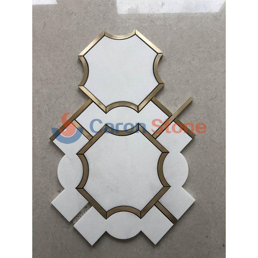Thassos white inlay gold brass marble waterjet mosaic
