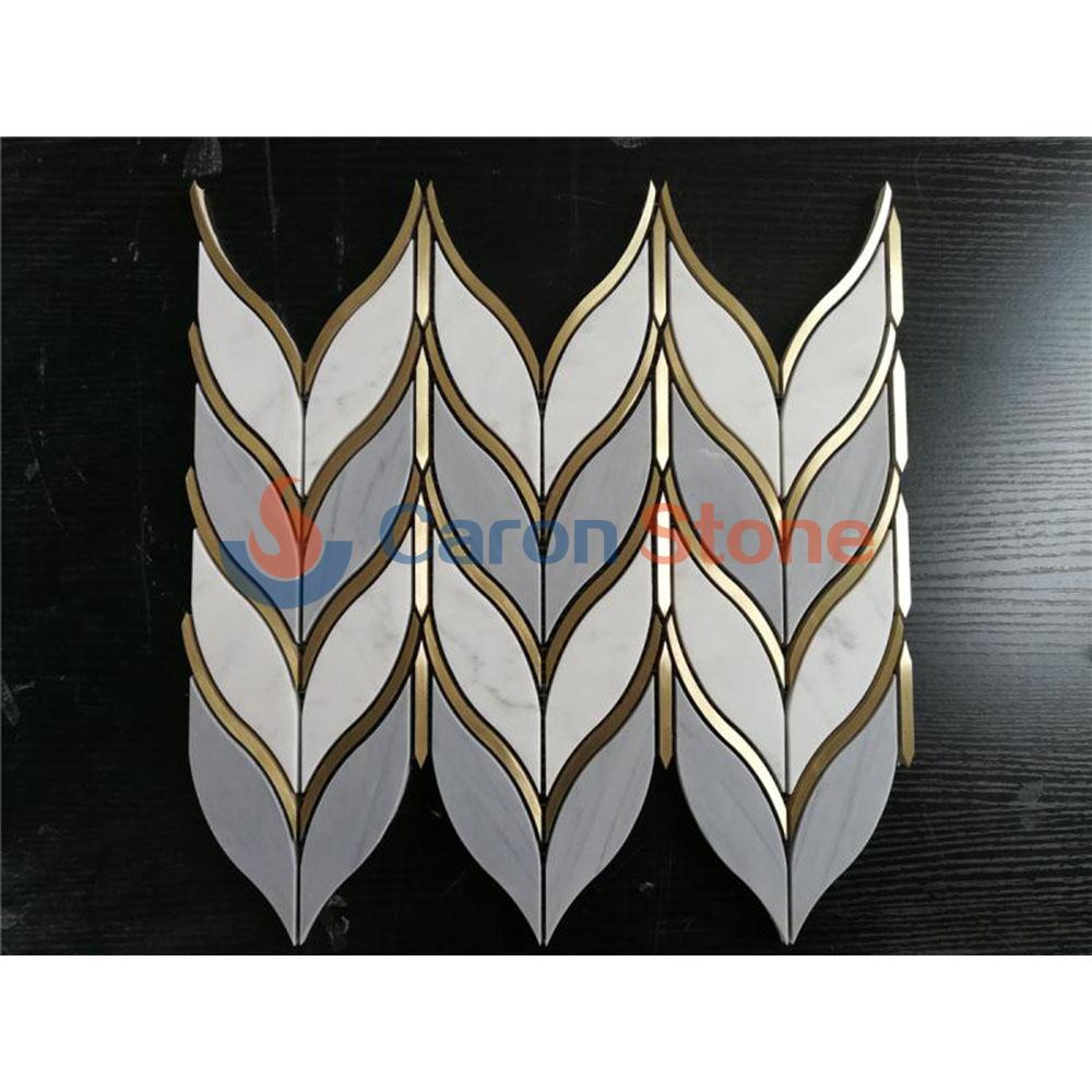 White and grey marble inlay brass leaf design mosaic backsplash tile