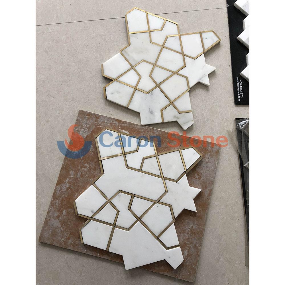 Pure White marble with brass irregular design mosaic tile