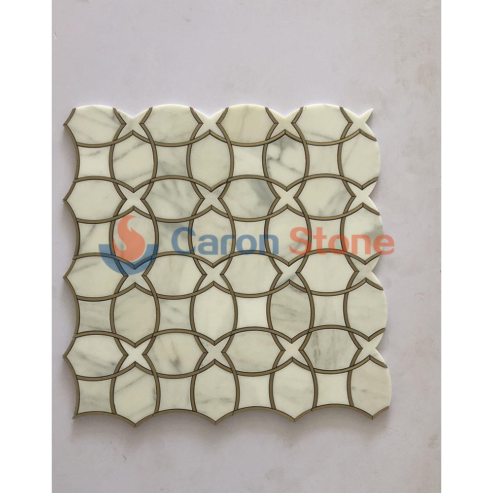 White marble with gold metal waterjet basket weave mosaic tile