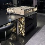 Backlit Patagonia Quartzite Island Counter with LED Light | Crystal Gold Glow Waterfall Kitchen Island