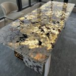 Backlit Translucent Marble Dining Table Top with LED Panel | White Crystal Pattern with Black Veins & Golden Glow