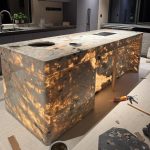 Backlit Translucent Patagonia Quartzite Kitchen Island with LED Panel | Dramatic Golden Glow Stone Countertop