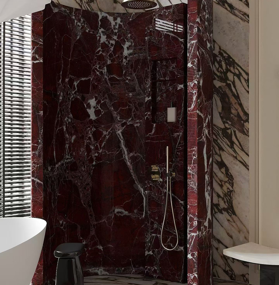 Bathroom interior featuring Rosso Levanto Marble walls for a bright premium aesthetic