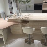Beige Travertine Island with Wooden Dining Table | Custom Hybrid Kitchen Furniture – Caron Stone
