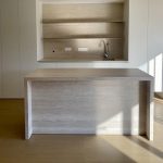 Beige Travertine Waterfall Kitchen Island | Vein Cut Stone Counter – Caron Stone