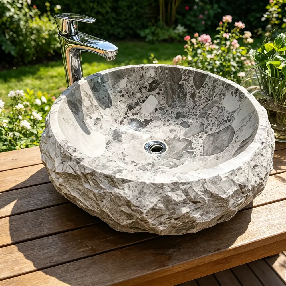 Ceppo Noir Marble Rock-Face Vessel Sink A bespoke round vessel sink carved from Ceppo Noir marble, featuring a smooth interior and chiseled rock-face exterior, sitting on an outdoor wooden slatted table by Caron Stone.