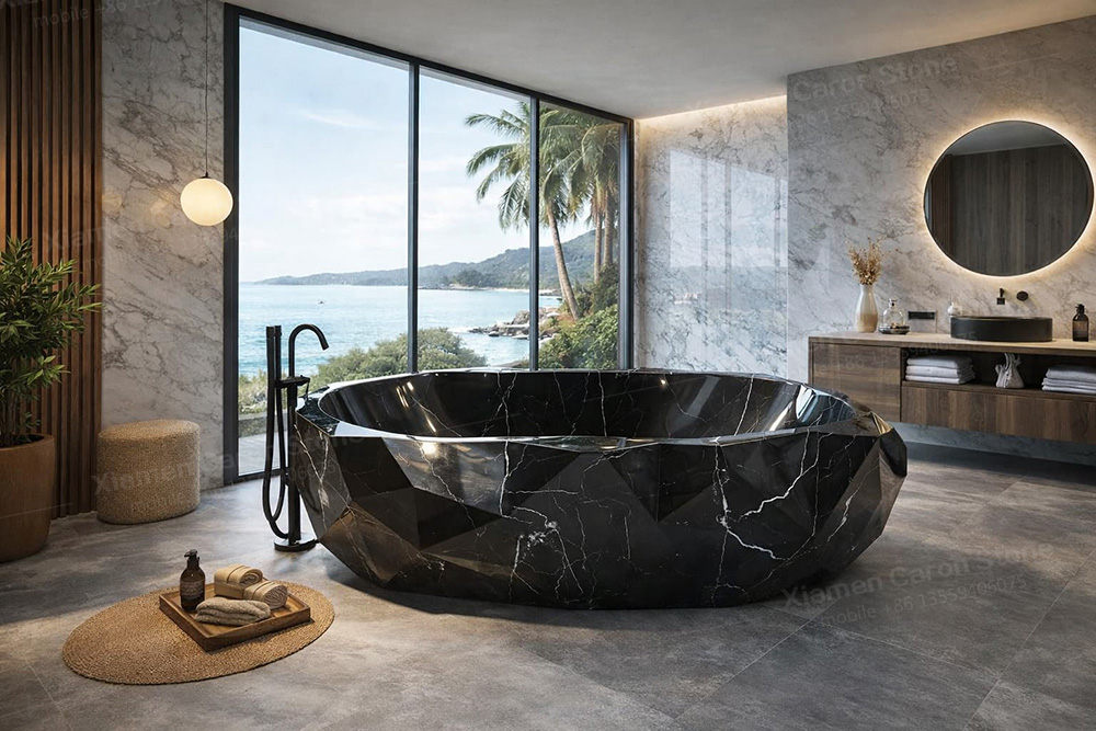 Black Natural Marble Stone Bathtub (Faceted Freestanding Luxury Tub) | Caron Stone
