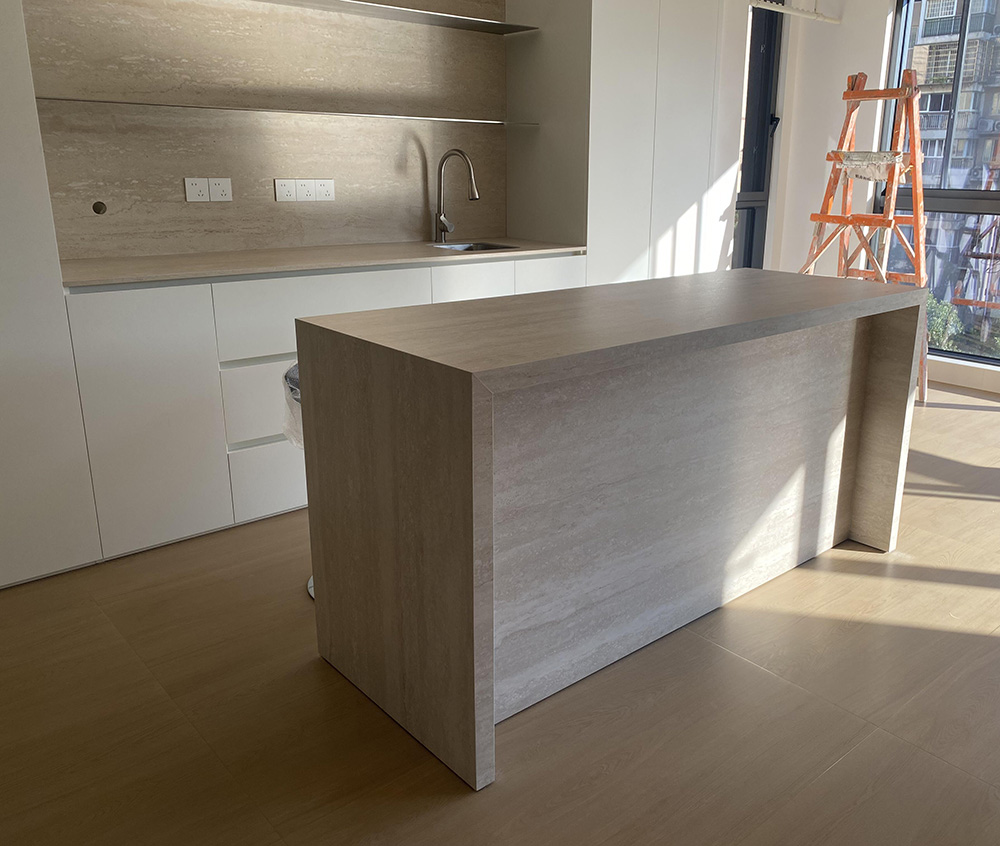 Custom Beige Travertine Island with Waterfall edges