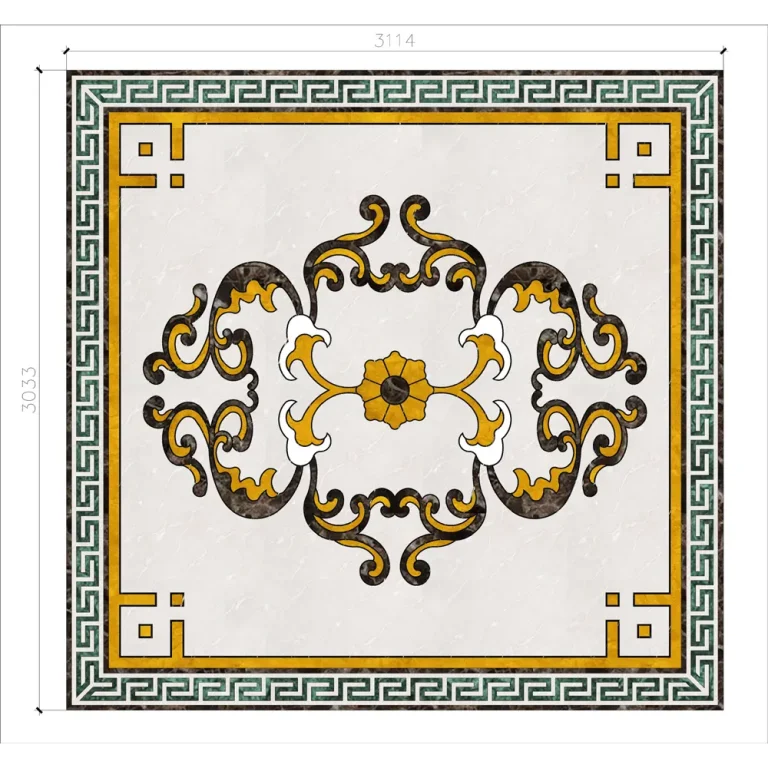 A highly detailed CAD rendering of a square CNC waterjet marble medallion featuring ornate central floral scrollwork, a green Greek key border, and contrasting dark brown and gold stone by Caron Stone.