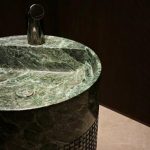 Custom RF Modern Oval Green Marble Pedestal Wash Basin with Carved Design