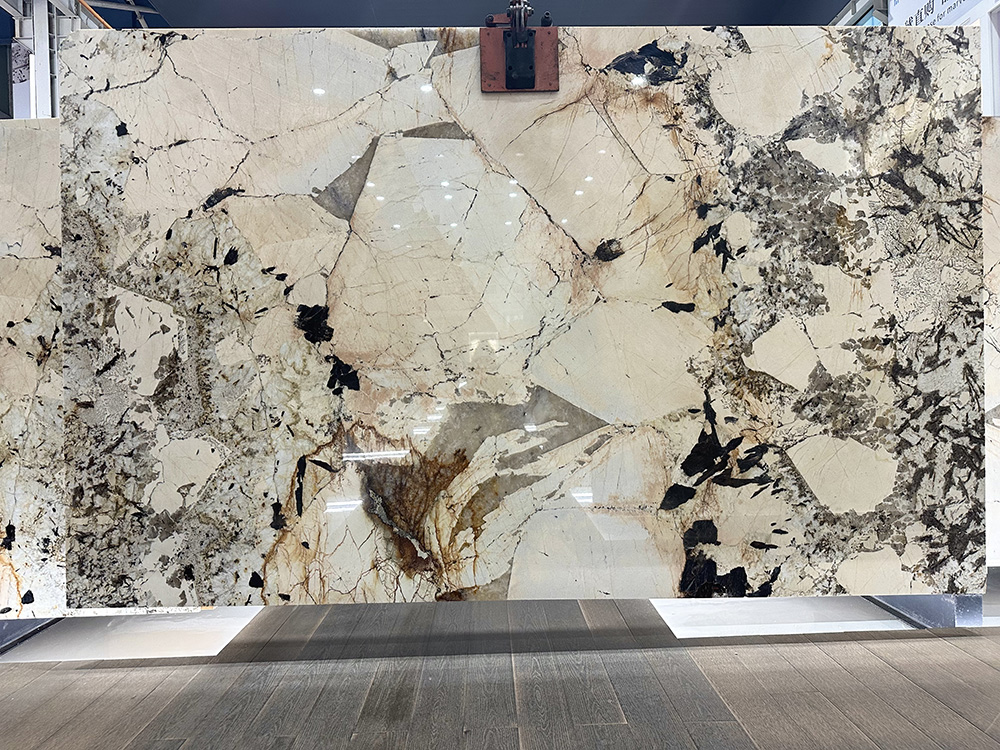 Exotic white and gold Brazilian stone featuring translucent crystals for backlit islands and walls