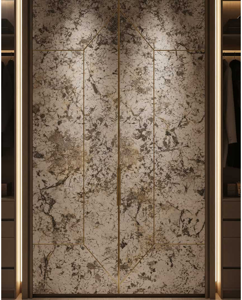 Here is the visualization of luxury wardrobe doors covered with a thin stone veneer. The design features intricate patterns and luxury wardrobe doors covered with a thin stone veneer. The design features intricate patterns and textures, showcasing shades of gray, white, and hints of gold for an elegant look.