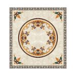 Ivory & Amber-Gold Arabesque Ring Marble Floor Medallion with Brown Scroll Border | Square Waterjet Inlay