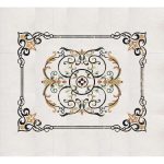 Ivory Marble Waterjet Inlay Rug with Black Scroll Border & Floral Arabesque Medallion