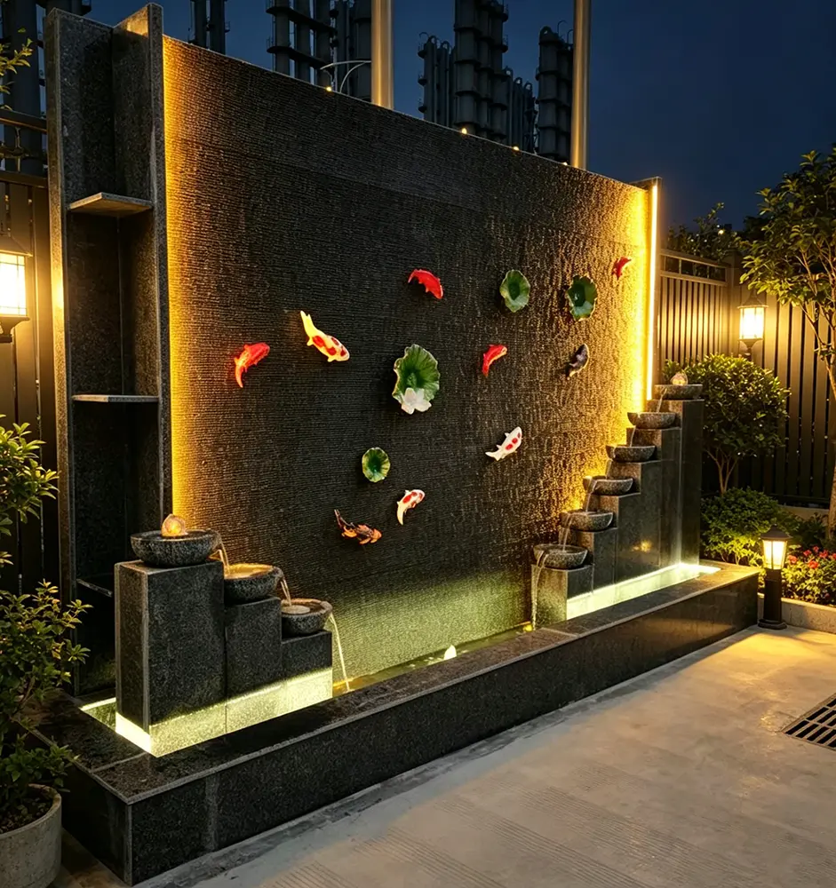 A grand outdoor artificial stone water feature wall showing a ribbed cascade, tiered spillways, warm LED backlighting, and decorative Koi fish ornaments by Caron Stone.