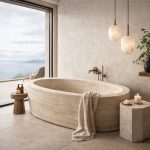 Light Beige Travertine Bathtub Oval Freestanding Stone Soaking Tub | Caron Stone