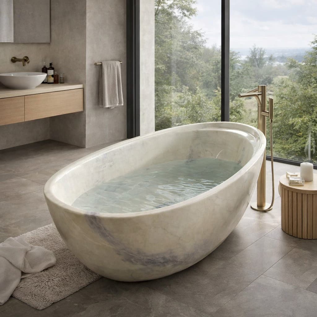Light Green Marble Freestanding Bathtub | Oval Natural Stone Tub | Caron Stone