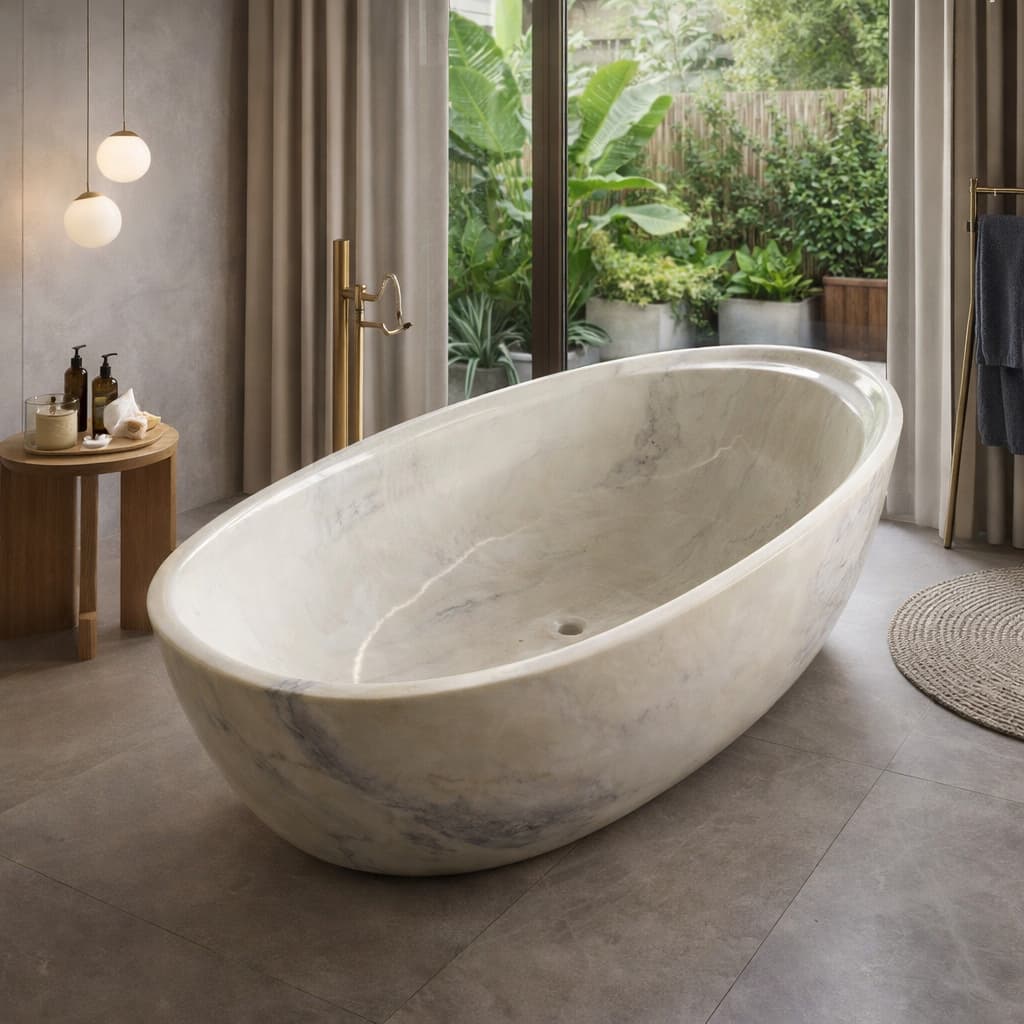 Light green marble freestanding oval bathtub with soft grey veining