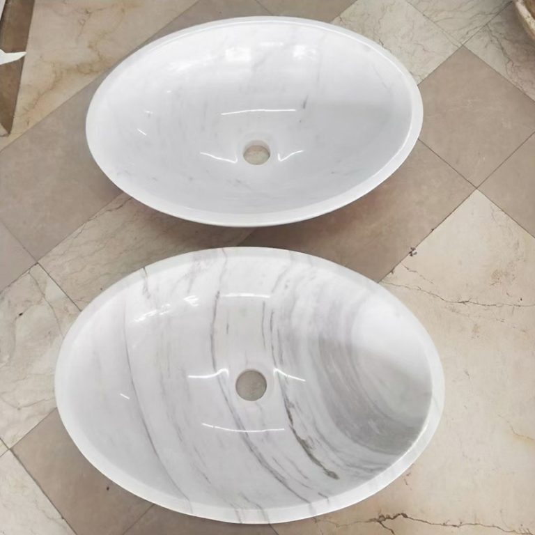 Luxury Carrara White Marble Oval Bathroom Sink Polished Stone Basin