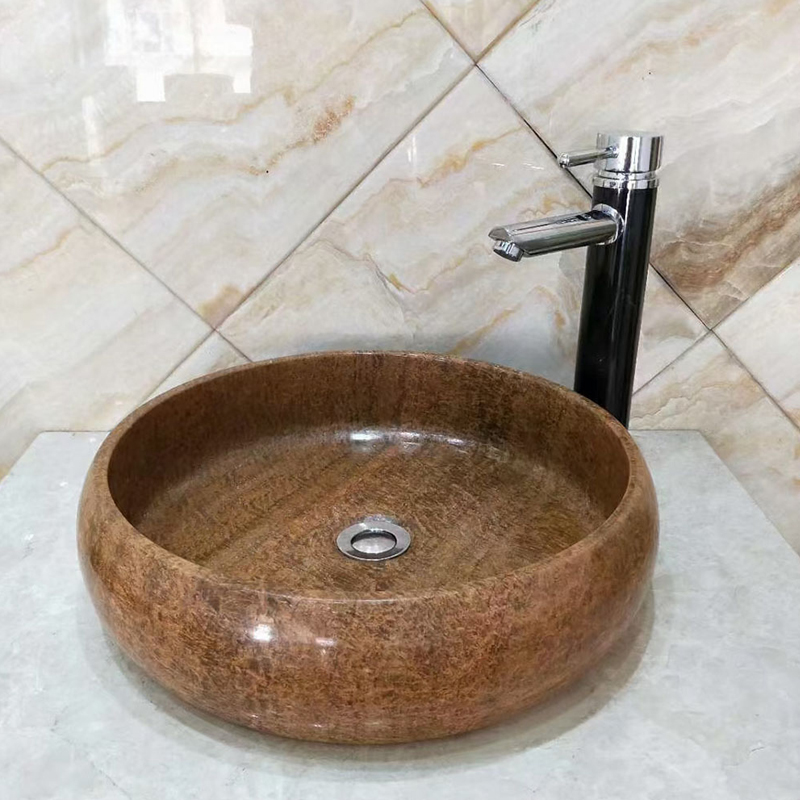 Luxury Emperador Brown Marble Round Polished Vessel Sink for Bathroom Vanity