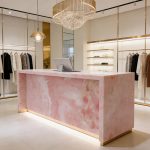 Luxury Pink Onyx Checkout Counter | Retail Reception Desk with Gold Base – Caron Stone
