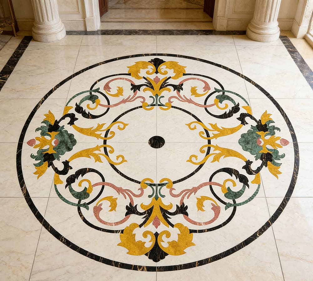 Luxury Round Marble Medallion featuring warm Gold, Green, and Pink floral patterns