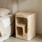 Modern Beige Travertine Side Table | Sculptural Stone Nightstand | Caron Stone