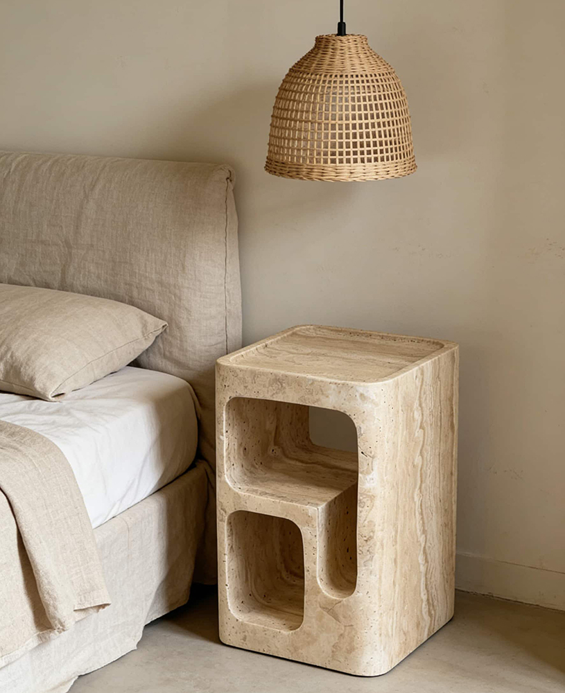 Modern Beige Travertine Side Table Sculptural Stone Nightstand Caron Stone