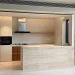Natural Travertine Kitchen Island | Vein Cut Waterfall Stone Counter – Caron Stone
