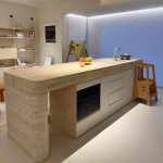 Natural Travertine Kitchen Island with Sink and Cabinets | Curved Stone Counter – Caron Stone