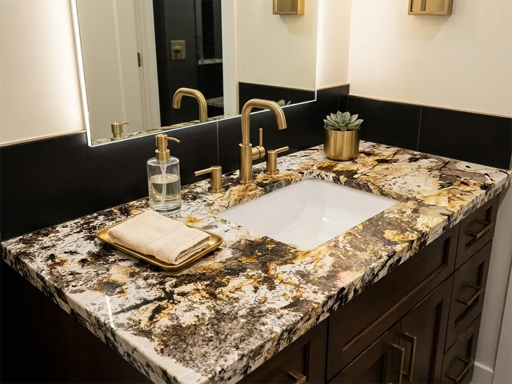 Patagonia Quartzite Bathroom Vanity | Luxury Custom Countertop Close-up view of a custom bathroom vanity featuring a thick-edged Patagonia Quartzite countertop with an undermount white sink. The natural luxury stone displays dramatic translucent white, deep black, and golden-brown patterns. The vanity is styled with a brushed gold faucet, matching accessories, dark brown wood cabinetry, and a solid black backsplash under an edge-lit mirror.