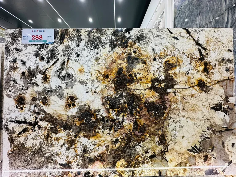 High-definition front view of a Patagonia Quartzite slab. The image showcases the natural luxury stone's intricate texture, featuring irregular translucent white quartz crystals, deep black mineral spots, and golden-brown earthy tones. The stone has a high-gloss polished finish and displays a price tag.