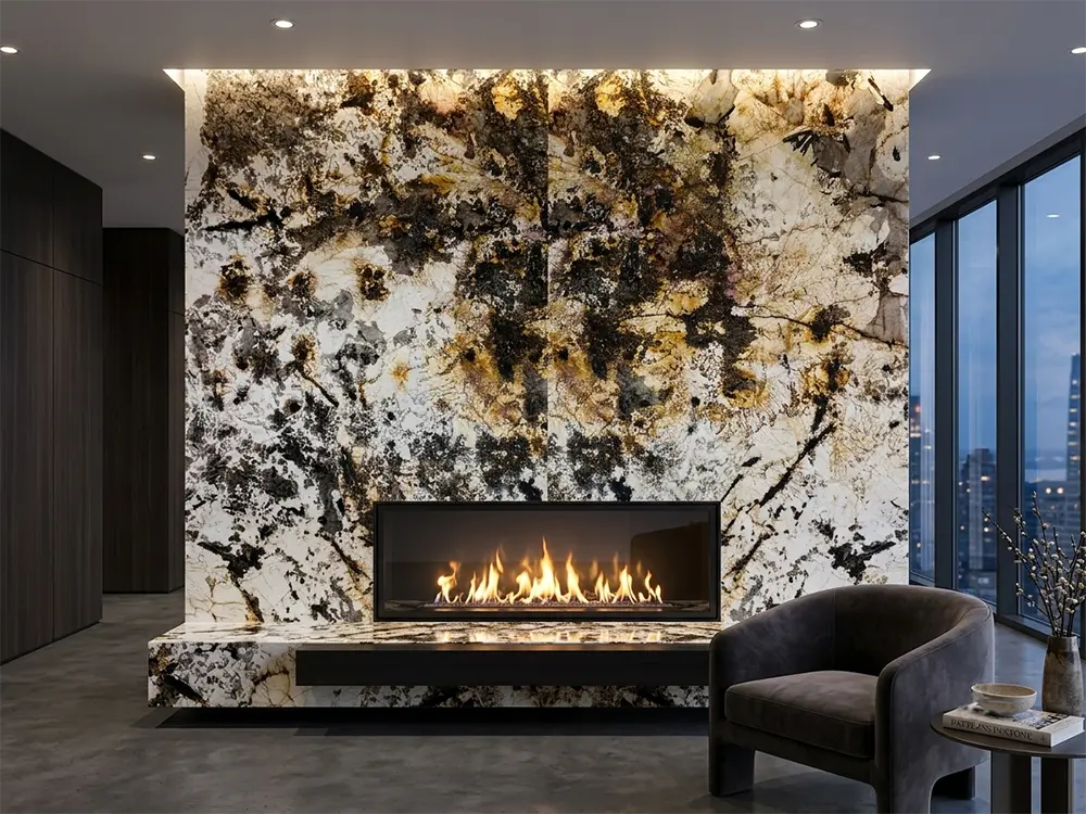 Patagonia Quartzite Fireplace | Backlit Book-Matched Feature Wall A modern luxury living room at dusk featuring a floor-to-ceiling fireplace wall clad in book-matched Patagonia Quartzite. The natural stone is backlit, illuminating its translucent white sections alongside deep black and golden-brown veining. A modern linear gas fireplace burns at the center. A dark grey armchair and large windows with a city view complete the high-end interior setting.