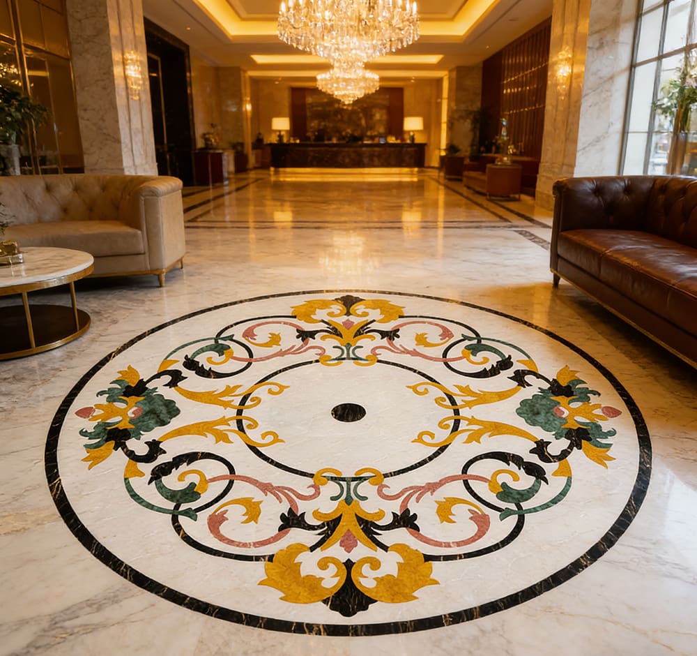 Precision waterjet stone inlay for foyers and rotundas