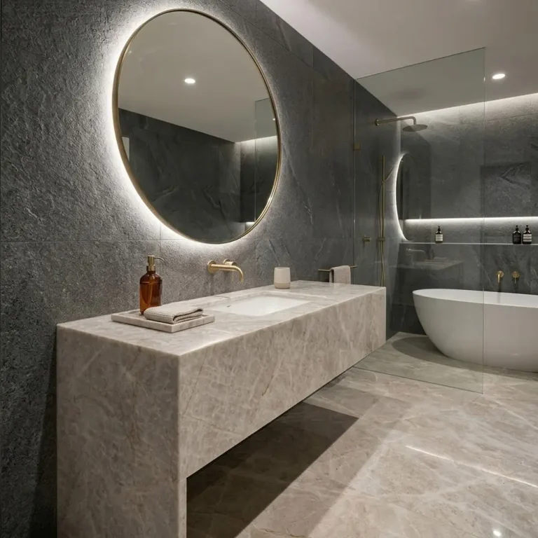 Bagno di lusso moderno con un mobile lavabo sospeso in quarzite Taj Mahal, dotato di un piano senza giunzioni e di un lavabo bianco integrato, abbinato a uno specchio rotondo retroilluminato e a pavimenti in quarzite beige coordinati, posti contro pareti scure dalle texture materiche.