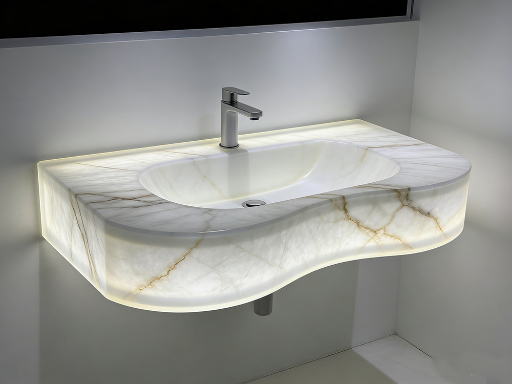 Translucent White Crystal Quartzite Vanity Sink | Backlit Stone | Caron Stone