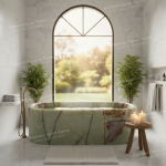 Translucent Green Onyx Freestanding Bathtub | Polished Jade Green Stone Soaking Tub with Gold Veins