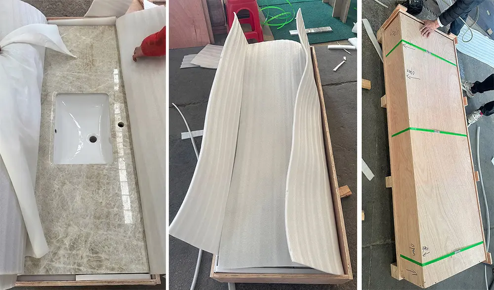 Vanity Sink wooden Packaging Three-part sequence showing a polished Taj Mahal Quartzite vanity top with an integrated sink being wrapped in thick white foam and sealed inside a heavy-duty wooden crate with green strapping on a factory floor.