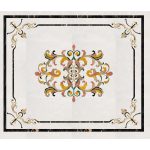 White Marble Square Floor Inlay with Black Double-Line Border & Multicolor Baroque Center Scrollwork