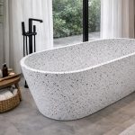 White Terrazzo Freestanding Bathtub (Black Speckled) | Caron Stone