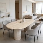 White Travertine Dining Table | Oval Fluted Pedestal | Caron Stone