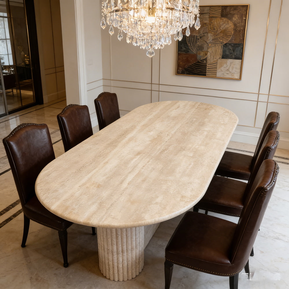 White Travertine Oval Dining Table featuring fluted pedestal bases