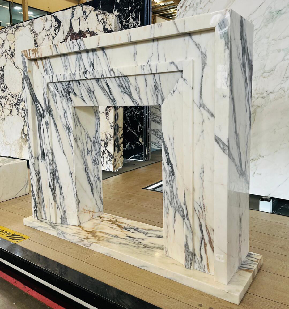 White Veined Marble Fireplace Surround | Modern Minimalist Mantel Design | Caron Stone