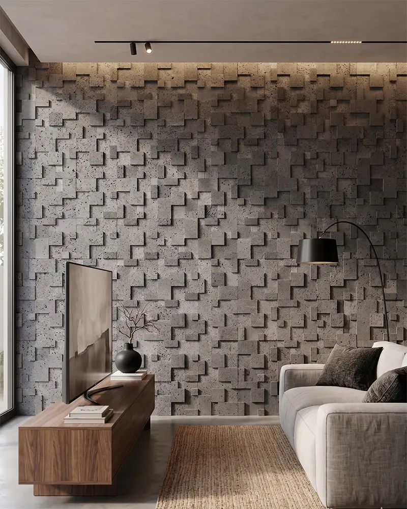 Acoustic Dampening with 3D Volcanic Rock Home theater room featuring a dark grey 3D volcanic rock feature wall designed to absorb sound and reduce echo.