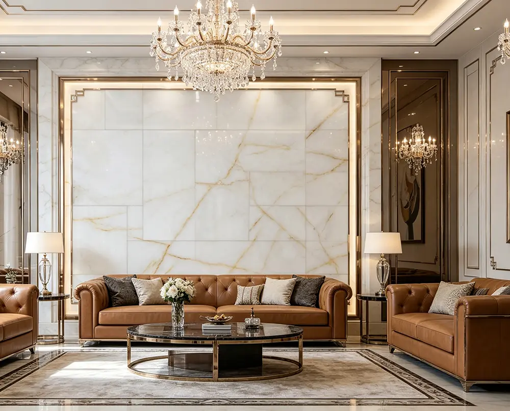 Glowing White Onyx Feature Wall Installation A monumental floor-to-ceiling backlit White Onyx feature wall in a luxury residential lounge.
