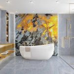 Customized Black And Gold Color Patagonia Quartzite Bathroom Shower Design -