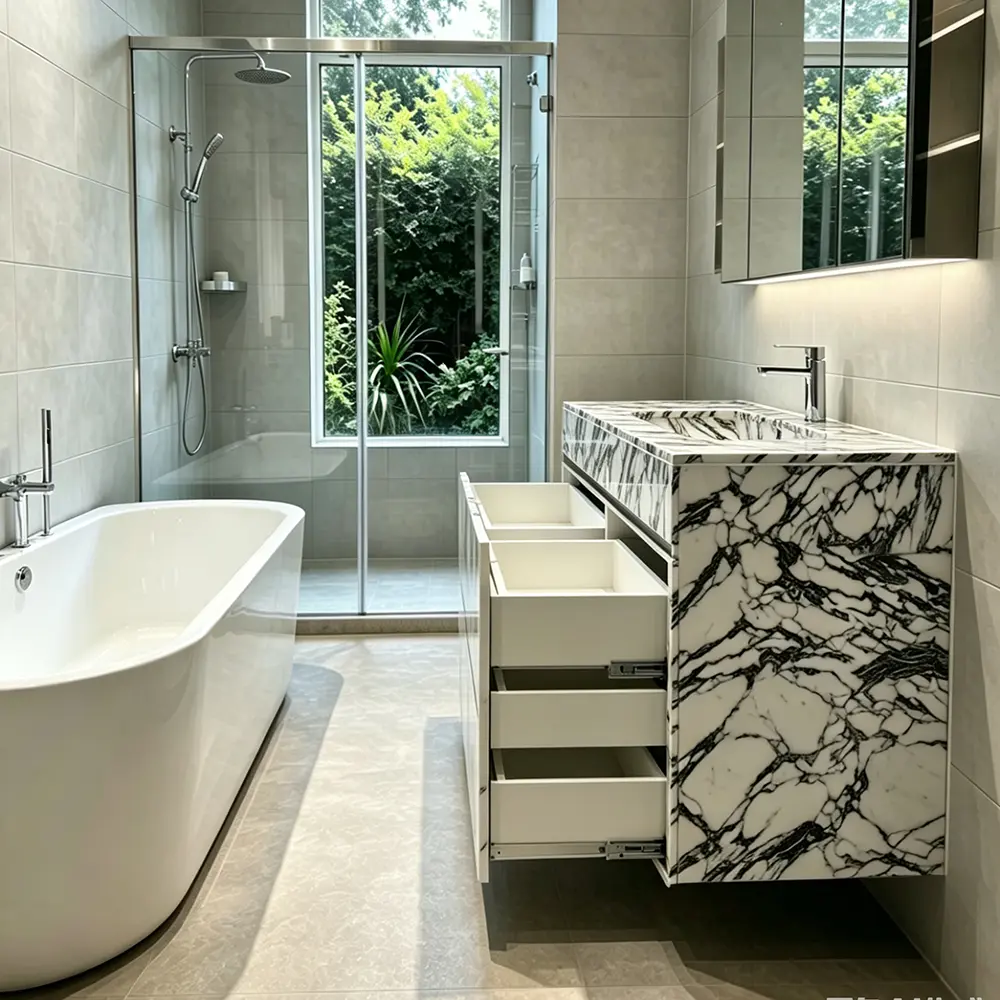 Premium Cabinet Core for Marble Veneer Offener Schubladenbereich des Marmor-Waschtisches zeigt den feuchtigkeitsbeständigen Kern aus maritimen Sperrholz sowie die robusten Soft-Close-Schienen.